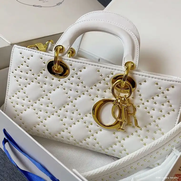 Cannage Bag White D-Joy with Motif Lady Beads Lambskin Medium 0526 Luxury